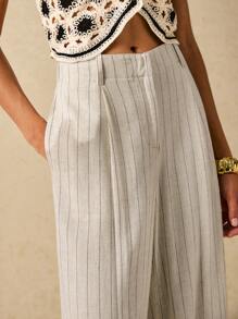 Poéselle 精致条纹阔腿裤 - 轻松展现优雅气质的时尚之选，亚麻裤，女式阔腿裤，条纹裤，休闲短款，高腰时尚，舒适的工作服风格 - 彩色 - 查看 3