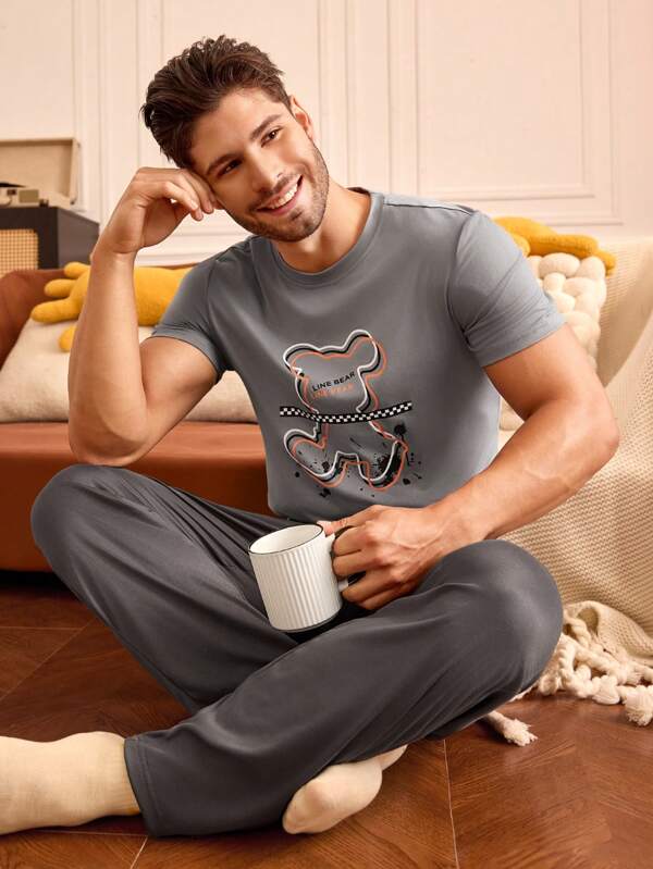 Happy Jammies Herren Bären-Muster Kurzarm & lange Hose Schlafanzug Set