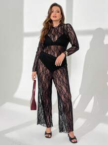 SHEIN Essnce Conjuntos de verano de talla grande para mujeres, conjuntos de primavera para mujeres, conjuntos para vacaciones de Pascua, conjuntos para clubes, conjuntos sexys para conciertos, conjuntos de rave, conjuntos de vacaciones de dos piezas con estilo "Old Money", bodis para mujer, conjuntos elegantes para vacaciones y citas nocturnas, conjuntos de top transparente de encaje y pantalones acampanados de 2 piezas con estilo elegante y sexy de celebridad y calle - Negro - Ver 3