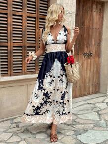 Chiquease Women's Vacation Beach Deep V Halter Tie Neck Backless Retro Print Dress