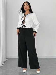 SHEIN Unity Plus Size Elegant Contrast Color Patchwork Bowknot Jumpsuit, Autumn - Black and White - View 5