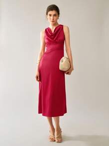 Uhlyne Uhlyne Sleeveless V-Neck Midi Dress, Elegant Fitted Style For Women, Suitable For Wedding Season - Burgundy - View 3
