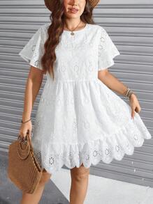 SHEIN LUNE Plus-Size Women'S Summer Boho White Embroidered Fabric Round Neck Short Sleeve Doll Version Loose Casual Dress - White - View 2