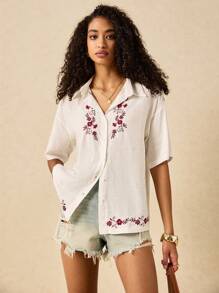 Poéselle 女士简约时尚休闲长袖衬衫，日常穿着 - 白色 - 查看 6