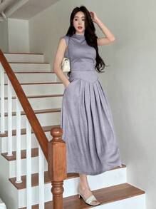 DAZY 2件套女士纯色针织背心和裙子套装 - 紫色 - 查看 7