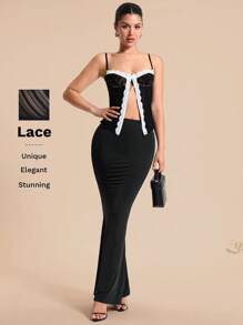 SHEIN BAE Damen Sommer romantisches Spitzentrim Schleife Kami Top, vielseitig für Strandurlauben, Date Nights, Straßenmode, Konzertoutfit, ärmelloses Kami Top