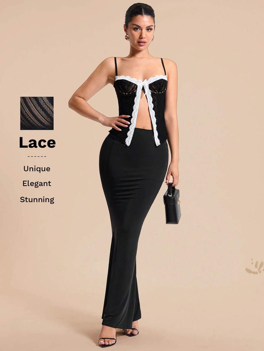 SHEIN BAE Damen Sommer romantisches Spitzentrim Schleife Kami Top, vielseitig für Strandurlauben, Date Nights, Straßenmode, Konzertoutfit, ärmelloses Kami Top