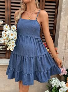 SHEIN Vestido con volantes de peplum sin mangas de maternidad de vaquero azul, apto para primavera/verano, vacaciones, verano azul, atuendos de vacaciones para mujer, Pascua, primavera, estilo occidental, atuendos de oficina para mujer, atuendos de fiesta, vestido de baby shower, estilo campestre, vestidos elegantes para mujer, vestido de playa, vestido de graduación, vestido de vacaciones, vestido de Pascua, vestido de verano, vestido sin espalda, regalo para el Día de la Madre/Mamá/Madre/Mami/Día de la Madre/Mamá