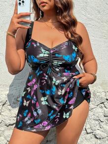 SHEIN Swim Lushore Plus Size Women 2pcs Butterfly Print Cami Swim Dress And Solid Color Swim Bottoms Swimsuit Set, Slimming And Relaxing Beach Holiday, Summer Vacation