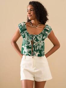 Travachic Blusa con nudo delantero y estampado tropical minimalista, atuendos casuales de vacaciones y verano para mujer, blusas de verano