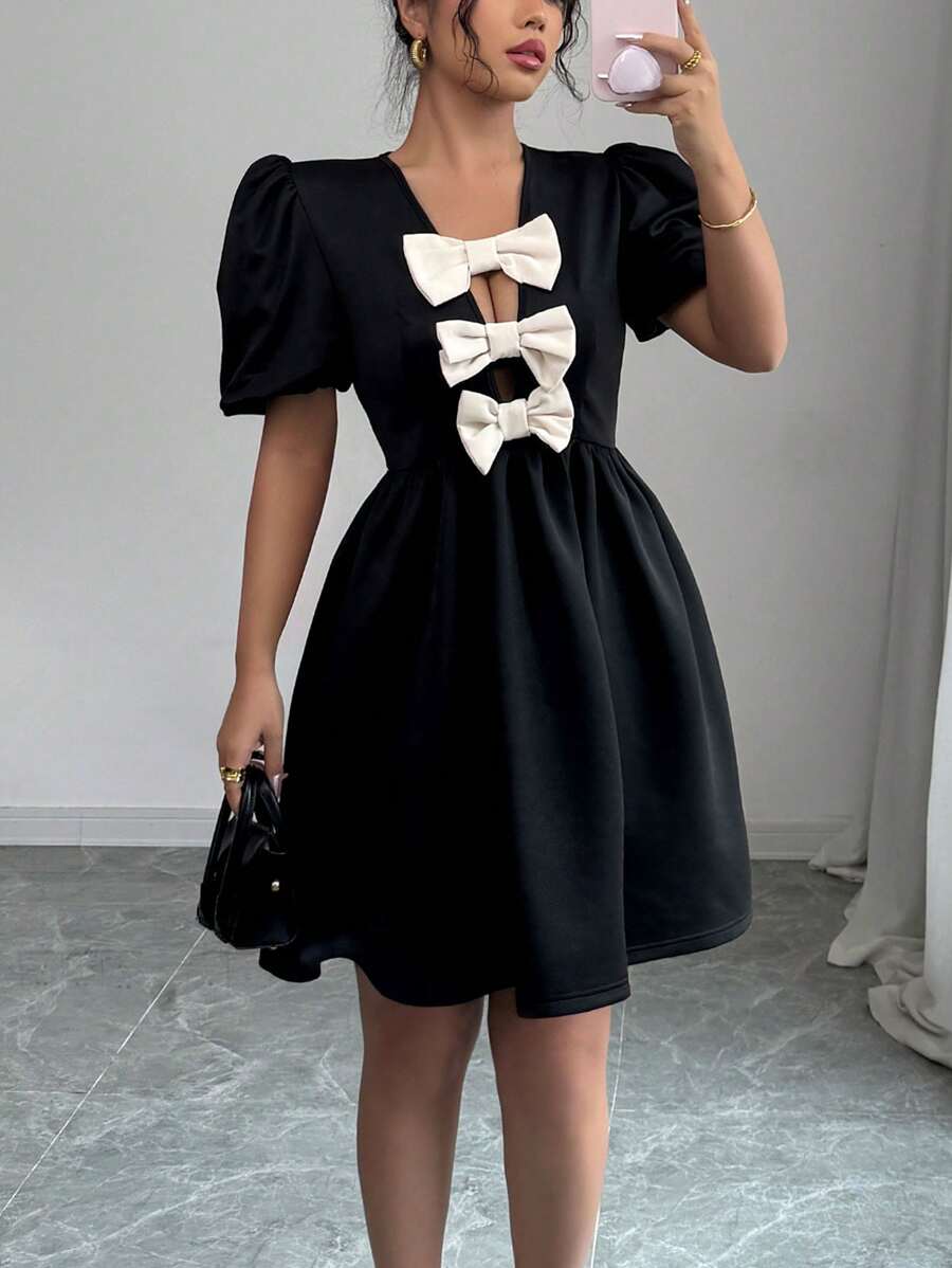 Chiquease Women's Bow Decor Short Puff Sleeve Casual Dress - Black - View 1