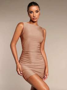 SHEIN BAE 1pc Women's Plain Red Ruched Bodycon Sleeveless Mini Dress, Casual Party Dress