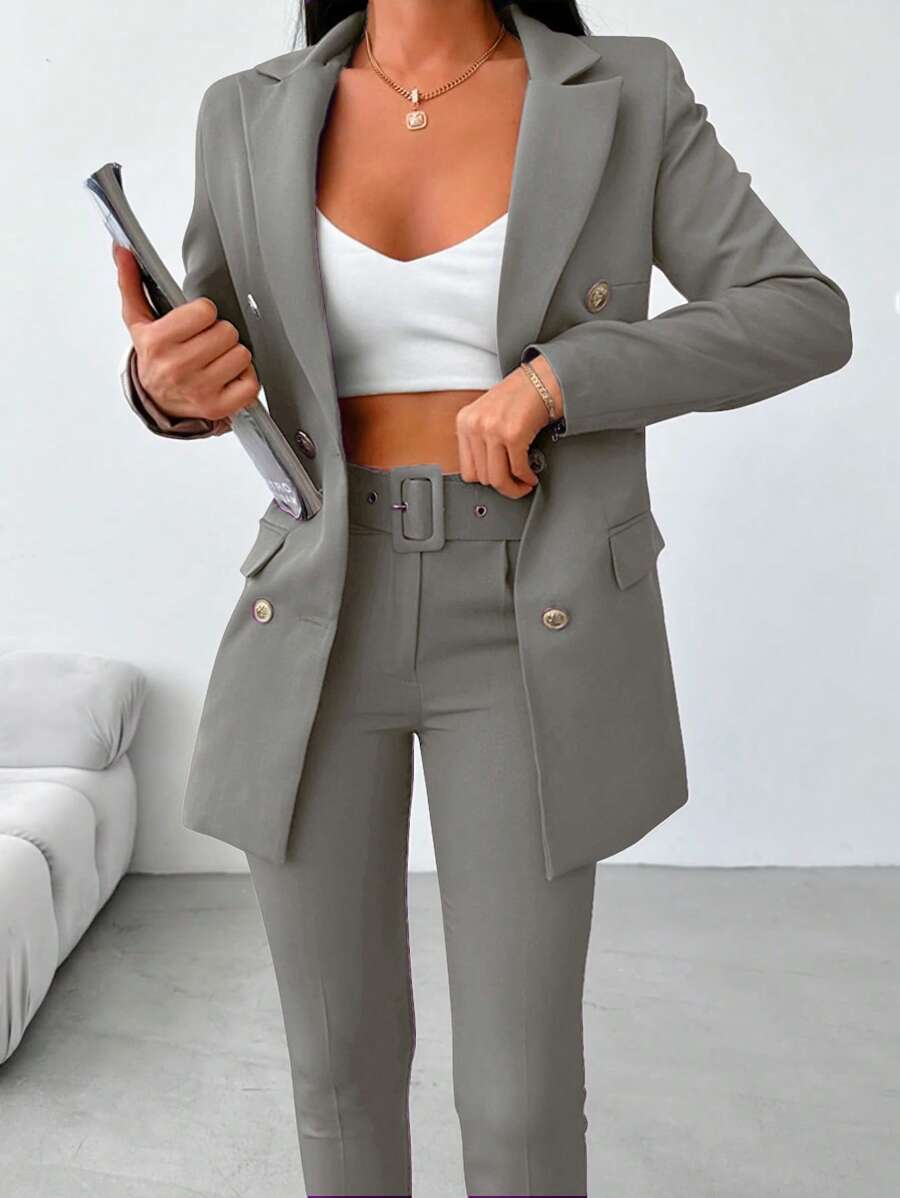 EURMUSE 女式纯色双排扣夹克和裤子套装 - 淺灰色 - 查看 1