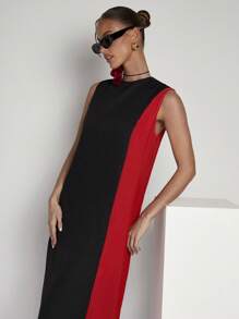 COSMINA Black & Red Contrast Color Midi Dress, Elegant Occasion Wear, Western Wear For Women, Petite Size, Sexy, Extra Long, Summer Outfits For Women - Multicolor - View 5