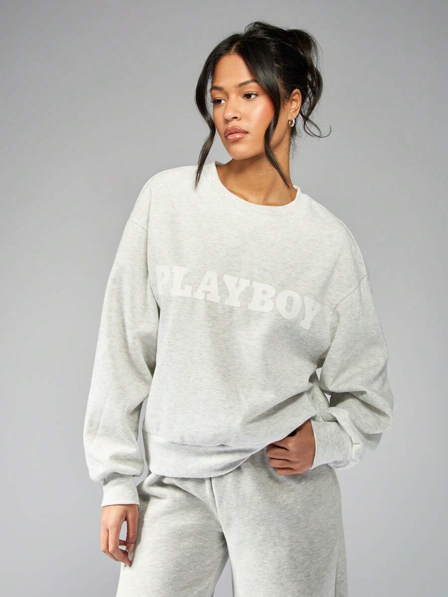 Missguided x Playboy Felpa con stampa grafica di marca - Grigio Chiaro - Visualizzare 1