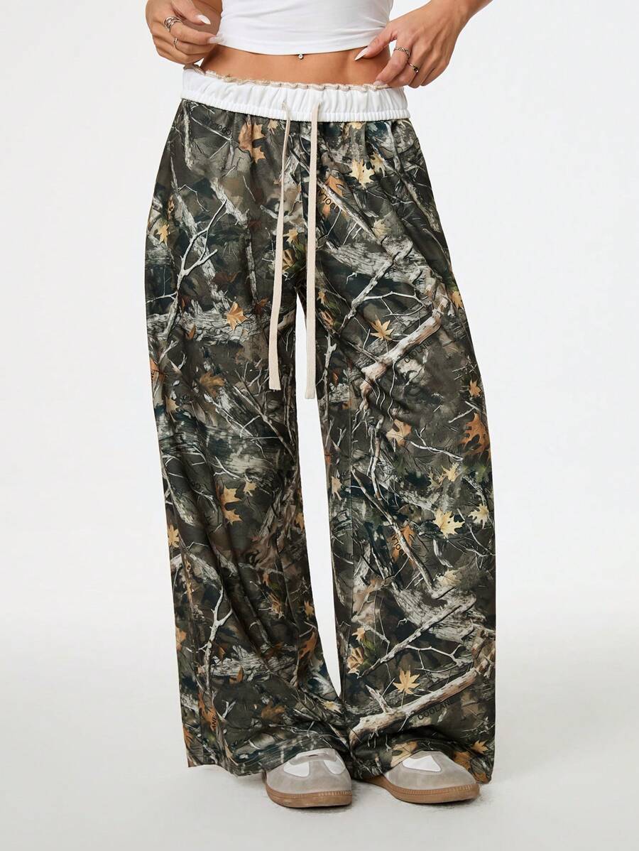 SHEIN PETITE Women's Basic Back To School Knitted Camouflage Stretch Comfortable Army Green Wide Leg Sweatpants - Army Green - View 1