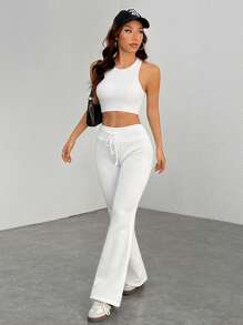 SHEIN PETITE 休闲低腰抽绳腰弹力运动裤喇叭裤运动裤保暖内衬复合绒适合秋冬季 - 白色 - 查看 4