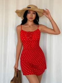 Islaluna Vestido sexy de tirantes finos con estampado de corazón y pequeñas flores para mujeres
