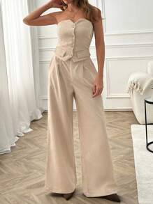 EURMUSE Summer Corduroy Two-Piece Set With Strapless Button-Front Top And Wide-Leg Pants - Featuring A Smocked Back For Comfort And Fit, Tailored Waist Detail, And Lightweight Corduroy Fabric, Perfect For Effortless Summer Elegance, Casual Outings, Or Stylish Vacation Looks Women Work Outfits Women S Summer Clothes Women S Clothes - Beige - View 6