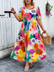 Breezaya Vestido de mujer talla grande con estilo bohemio, cintura ceñida, falda en línea A, mangas abullonadas y cuello redondo con estampado floral