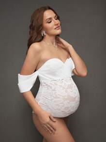 SHEIN Maternity Simple Solid Color Fitted Casual Bodysuit, Photography Lace Outfit For Maternity Photoshoot - White - View 4