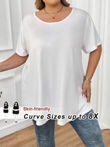 SHEIN CURVE+ Plus Size Solid Color Round Neck Short Sleeve Simple Casual Top - White - View 8