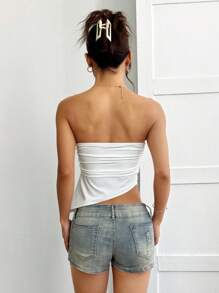 SHEIN EZwear 女士纯色褶皱不对称下摆抹胸 - 白色 - 查看 2