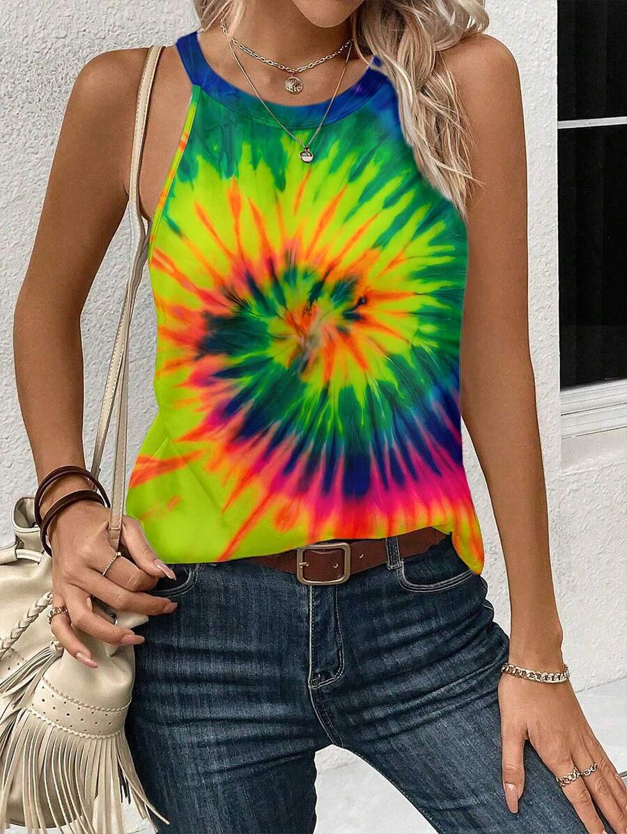 INAWLY Top de tirantes con estampado de teñido anudado para vacaciones informales