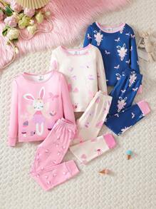 Set de 3 piezas de pijama para niña, con estampado de vida marina por todas partes, ajustado, cuello redondo, manga larga y pantalón largo, conjunto de prendas de dormir