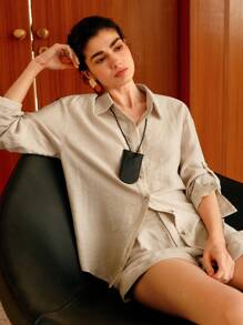 Uhlyne 女士休闲亚麻长袖翻领梭织衬衫 - 卡其色 - 查看 7