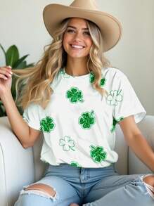 SHEIN LUNE Plus Size St. Patrick's Day Four-Leaf Clover Print Casual Minimalist Summer T-Shirt - Multicolor - View 1
