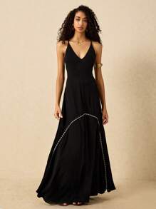 Poéselle Women's Dresses Braided Trim Comfortable Maxi Dress Women's Resort Style Patchwork Trim Halter Dress Summer Women Dresses Sundress Summer Women Outfit Boho Dress Summer Clothes Summer Dress Black Dress Beach Women Dresses Western Wear Women Spring Women Dresses Spring Women Outfits Spring Dress Festival Outfits Women Clothing - Black - View 5