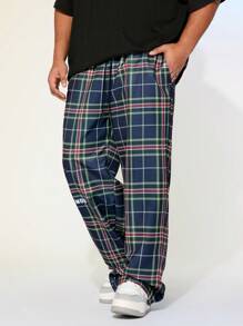 Manfinity VCAY Pantalones largos de talla grande para hombre, de corte holgado y con estampado de cuadros tejidos