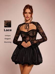 SHEIN BAE Summer Wear, Autumn Inner Dress, Black Lace Corest Dress, Tea Break Style, Court Style, Suitable For Dating, Afternoon Tea, Party, Travel Wear, Long-Sleeved Top, Women's Dress, Bubble Dress, Lantern Dress, Bud Dress - Black - View 8