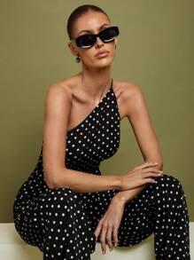 COSMINA 2 件女式波点肩上衣和裤子套装，简约休闲日常穿着 - 黑色 - 查看 7