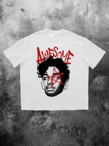 SHEIN Teen Boy Cartoon Portrait Pattern Short Sleeve T-Shirt, Casual For Summer - White - View 1