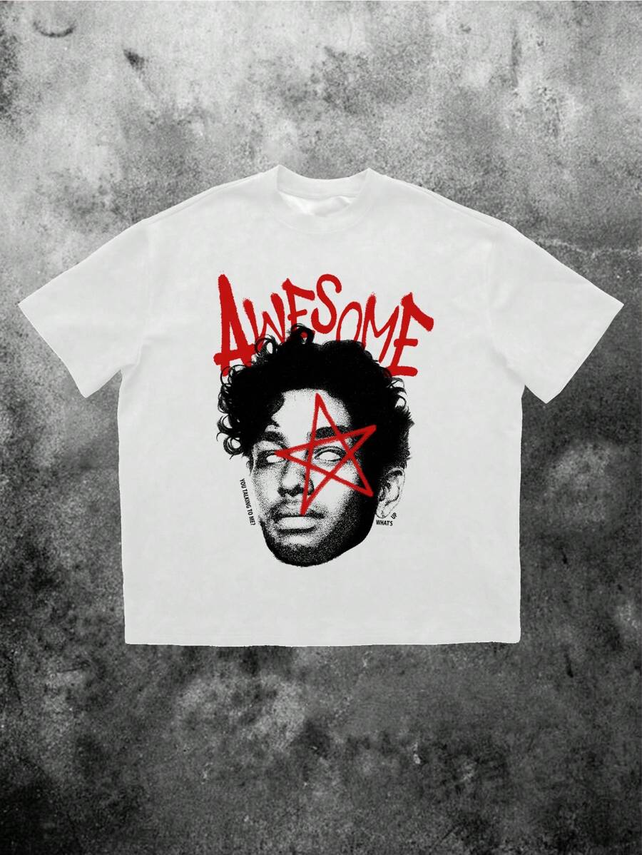 SHEIN Teen Boy Cartoon Portrait Pattern Short Sleeve T-Shirt, Casual For Summer - White - View 1