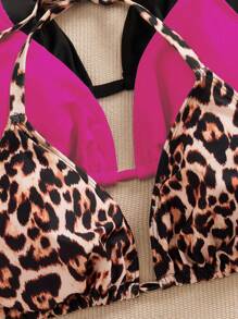 SHEIN Swim Curve 3 件大码女士泳装上衣，多色豹纹，细肩带，简约日常比基尼上衣 - 彩色 - 查看 3