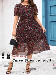 SHEIN CURVE+ Large Print Tie Collar And Waistband Summer Dress, Vacation Dress Boho Vacation