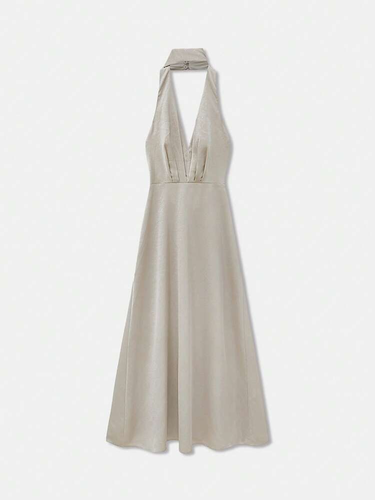 SHEIN Maija 2025 Summer New Arrival Champagne V-Neck Ribbon Tie Waist Flare Big A-Line Satin Texture Elegant Chic Music Festival Beach Resort Daily Casual Romantic City Holiday Vacation Suitable For Outing, Party, Wedding, Guest, Graduation Season Women Dress