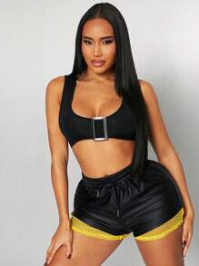 SHEIN SXY Black & Yellow Color Block Casual Street Sporty Super Short Shorts, Sports Shorts, Tennis Shorts, Running Pants, Versatile Bottom Wear For Spring & Summer