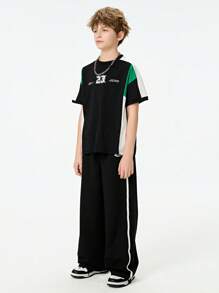 Tween Boy' Solid Color Patchwork Round Neck Short Sleeve Numeric Print T-Shirt