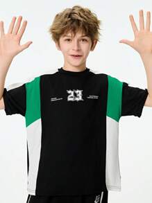 Tween Boy' Solid Color Patchwork Round Neck Short Sleeve Numeric Print T-Shirt