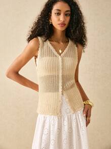 Poéselle Vestă croșetată cu nasturi, tricotată, top pentru vacanță, ținută de plajă, culoare caisă, top tricotat pentru femei, stil casual de vacanță, solid, cu scobituri, fără mâneci, cardigan tricotat, vară, femei, topuri de vară, stil boho, plajă, femei, poeselle, maiou, primăvară, femei, vară, femei, vară, femei, topuri de primăvară, topuri cowgirl, femei, vară și primăvară, topuri Y2K, boho - Kaki - Vizualizare 6