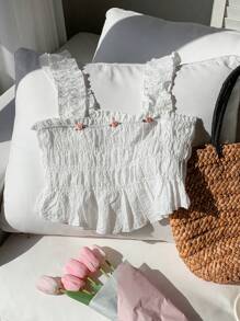 Comfortcana Women's 3D Beach Summer Floral Decor Frill Trim Camisole - White - View 3