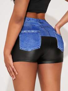 SHEIN SXY Black PU Asymmetrical Patchwork Denim Effect Fitted Shorts, Versatile Bottom For Work Commute/Casual Wear, Spring/Summer - Multicolor - View 2