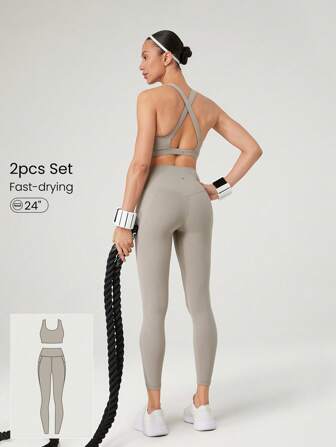 GLOWMODE Set de 2 piezas: Sujetador deportivo Powersculpt™ de espalda cruzada con tirantes anchos que absorbe la humedad y proporciona una sensación fresca, y mallas de 24" para entrenamiento de alto impacto, correr y entrenar con copas desmontables