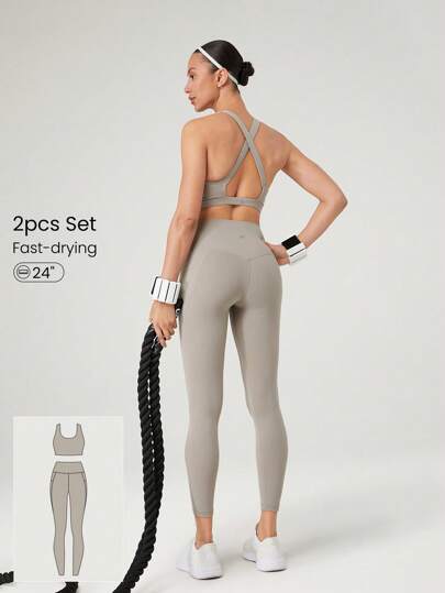 GLOWMODE Set de 2 piezas: Sujetador deportivo Powersculpt™ de espalda cruzada con tirantes anchos que absorbe la humedad y proporciona una sensación fresca, y mallas de 24" para entrenamiento de alto impacto, correr y entrenar con copas desmontables