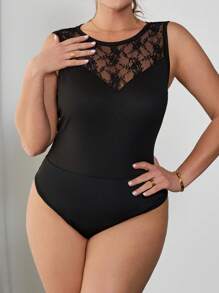 SHEIN Clasi Plus Size Elegant And Sexy Lace Panel Sleeveless Bodysuit Women Clothing Bodysuit Bodysuit Top Bodysuits For Women Summer Outfits For Women Wedding Guest Dress Women  Concert Outfit Women Wedding Guest Dress Women