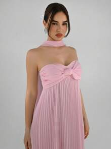 Aloruh Nuevo vestido plisado sin tirantes, vestido romántico de color rosa sólido fluido hasta los tobillos para vacaciones, citas, fiestas